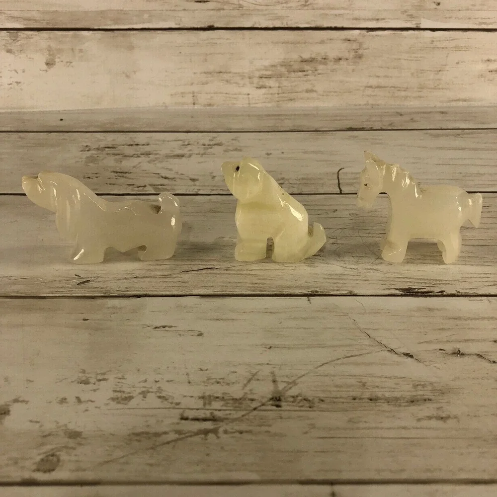 Vintage Carved White Onyx Stone Animal Figurines Set of‎ 3 Dog Bear Horse